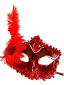 Kırmızı Mat Renk Yandan Tüylü Güllü Parti Balo Venedik Maskesi 16x22 thumbnail 2
