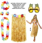 Hawaii Parti Kostüm Seti - 60 Cm Hasır Etek, Çiçekli Aksesuarlar Ve Ananas Gözlük thumbnail 1