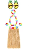 Hawaii Parti Kostüm Seti - 60 Cm Hasır Etek, Çiçekli Aksesuarlar Ve Ananas Gözlük thumbnail 2