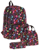 Kaukko Brokar Üçlü Okul Çanta Seti - Siyah - Kalp ve Kaukko Baskılı - Kız Çocuk thumbnail 1