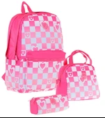 Kaukko Nature Üçlü Kız Çocuk Okul Çanta Seti - Pembe - Dama ve Kalp Desenli thumbnail 1