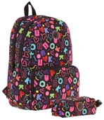 Kaukko Brokar Kalp ve Kaukko Baskılı Siyah Kız Çocuk Okul Çantası ve Kalemlik Seti thumbnail 1