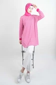 Tesettür Tunik İnce Çizgili Penye Tunik Koyu Pembe - 2