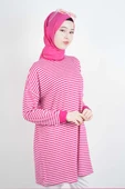 Tesettür Tunik İnce Çizgili Penye Tunik Koyu Pembe - 3