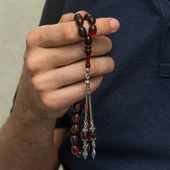 Gümüş Kırmızı Siyah Ateş Kehribar Tesbih - 2