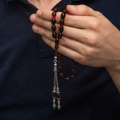 Gümüş Kırmızı Siyah Ateş Kehribar Tesbih - 3