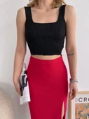 Yırtmaçlı esnek kumaş midi boy etek koyu kırmızı thumbnail 3