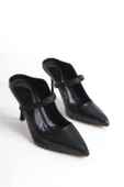 Kadın Mavera Siyah Rugan 9 Cm İnce Topuklu Sivri Burunlu Arkası Acık Tasarım Stiletto - 4