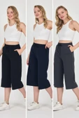 Yüksek Bel Cepli Rahat Kesim Mevsimlik Kadın Diz Altı 3'lü Bermuda Siyah-Lacivert-Antrasit Kapri Şort thumbnail 1