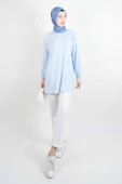 Tesettür Tunik İnce Çizgili Penye Tunik Açık Mavi thumbnail 2