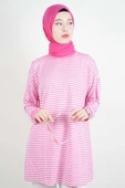 Tesettür Tunik İnce Çizgili Penye Tunik Açık Pembe - 1