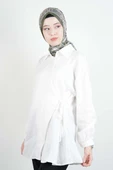 Bayan Gömlek Çapraz Düğmeli Yandan Bağlamalı Kimono Gömlek Beyaz - 3