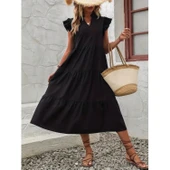 Lucky Life Kadın Kısa Kollu V Yakalı Geniş Kesim Uzun Trikoton Elbise - 1