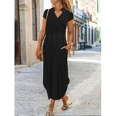 Lucky Life Kadın Kısa Kollu Hakim V Yaka Viskon Elbise - 2