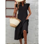 Lucky Life Kadın Kısa Kollu V Yakalı Geniş Kesim Uzun Trikoton Elbise - 4