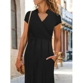 Lucky Life Kadın Kısa Kollu Hakim V Yaka Viskon Elbise - 1