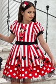 Kız Çocuk Üzeri Mc Maymun Baskılı Şerit Ve Çizgi Detaylı Kırmızı Elbise thumbnail 2
