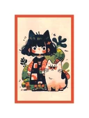 Sevimli Kız ve Kedi İllüstrasyon Dekoratif Kartpostallar ve Hediye Not Kartları  10 x 15 cm thumbnail 1