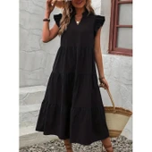 Lucky Life Kadın Kısa Kollu V Yakalı Geniş Kesim Uzun Trikoton Elbise - 3