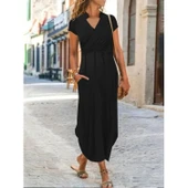 Lucky Life Kadın Kısa Kollu Hakim V Yaka Viskon Elbise - 3