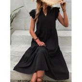 Lucky Life Kadın Kısa Kollu V Yakalı Geniş Kesim Uzun Trikoton Elbise - 2