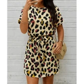 Lucky Life Kadın Kısa Kollu Yuvarlak Yaka Beli Kuşaklı Geometrik Desenli Süprem Elbise - 1