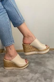 Kadın Morgan Bej Cilt 10 cm Dolgulu Mantar Taban Şerit Sargılı Terlik K-500 - 2