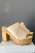 Kadın Oven Bej 10 cm Platfom Topuklu Mantar Taban Terlik K-850 - 1