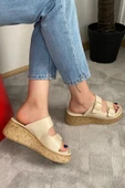 Kadın Nora Bej Çift Bant Kalın Mantar Taban Ortopedik Sandalet Terlik K-270 - 4