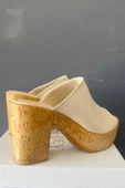 Kadın Oven Bej 10 cm Platfom Topuklu Mantar Taban Terlik K-850 - 4