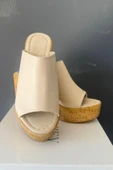 Kadın Oven Bej 10 cm Platfom Topuklu Mantar Taban Terlik K-850 - 3
