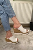Kadın Morgan Beyaz Cilt 10 cm Dolgulu Mantar Taban Şerit Sargılı Terlik K-500 - 2