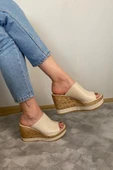Kadın Morgan Bej Cilt 10 cm Dolgulu Mantar Taban Şerit Sargılı Terlik K-500 - 4