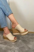 Kadın Morgan Bej Cilt 10 cm Dolgulu Mantar Taban Şerit Sargılı Terlik K-500 - 5