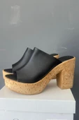 Kadın Oven Siyah Cilt 10 cm Platfom Topuklu Mantar Taban Terlik K-850 - 2