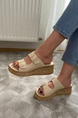Kadın Nora Bej Çift Bant Kalın Mantar Taban Ortopedik Sandalet Terlik K-270 - 1