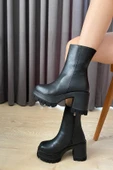 Kadın Pita Siyah Deri ( 8 cm ) Platfom Topuklu Fermuarlı Bot - 5