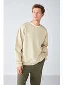 Grimelange Stephan Erkek Yumuşacık Kumaşlı Oversize Fit Yuvarlak Yakalı Bej Sweatshirt thumbnail 1