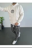 Erkek Baskılı Üç İplik Kapüşonlu Oversize Sweatshirt - Beyaz thumbnail 1