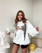 Kadın Baskılı Kapüşonlu Sweat - Beyaz thumbnail 2