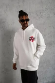 Erkek Şapkalı Güvercin Baskılı Kapşonlu Sweat - Beyaz - 2