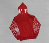 Erkek İki İplik Örümcek Baskılı Oversize Hırka - Kırmızı - 1