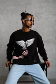 Erkek Güvercin Baskılı Sweatshirt - Siyah - 3