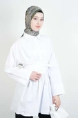 Bayan Gömlek Yarım Düğmeli Bel Dolamalı Trikoton Gömlek Beyaz - 3