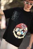 Erkek Mario Baskılı Oversize T-Shirt - Siyah thumbnail 3