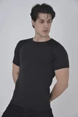 Erkek Omuz Fileli Slim Fit T-shirt - Siyah thumbnail 2