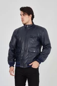 Erkek Fermuarlı İçten Elyaf ve Astarlı Suni Deri Ceket - Lacivert thumbnail 5