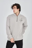 Erkek Yarım Fermuarlı Baskılı Sweat - Boyalı Gri thumbnail 4