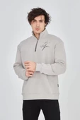 Erkek Yarım Fermuarlı Baskılı Sweat - Boyalı Gri thumbnail 6