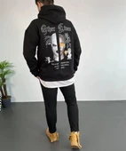 Erkek Sırt Baskılı Oversize Üç İplik Kapüşonlu Sweatshirt - Siyah thumbnail 4